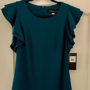 Andrew Marc Deep Teal Ruffle Midi Dress